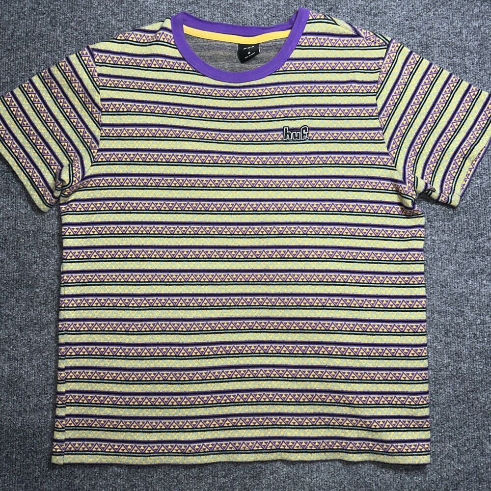 HUF Striped Purple Yellow Aztec Men's Cotton Short Sleeve T-Shirt Size M Medium